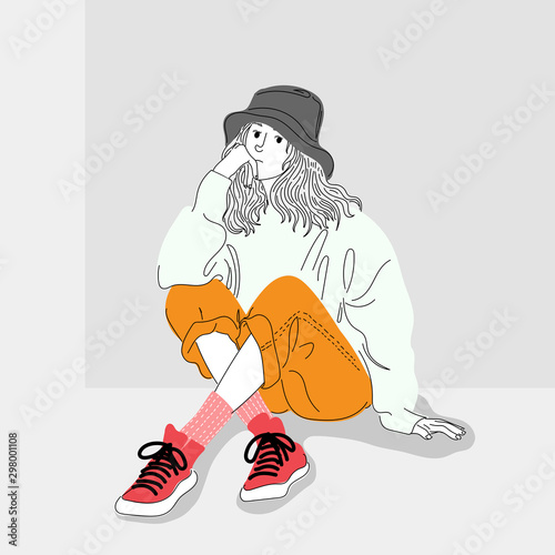 Women dressed in street fashion were sitting in one of the city walls.Illustration of a girl sitting on a wall.