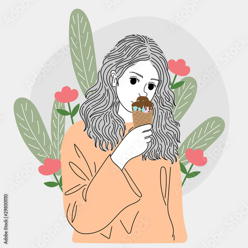 woman stood and ate ice cream at one of the public gardens in the city.Doodle art concept,illustration painting