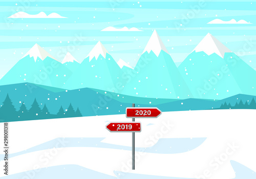 Outgoing year. Road sign on a background of mountain landscape. Day. Happy New Year. Red Sign Vector