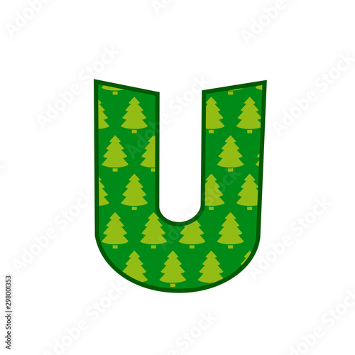 Logotipo letra U con patrón de árboles de navidad en color verde