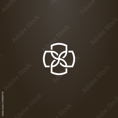 white sign on a black background. simple vector line art sign of a four leaf flower with hourglass petals