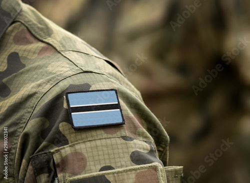 Flag of Botswana on military uniform. Army, troops, soldiers, Africa,(collage).