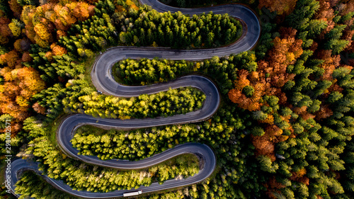 Drone view - Aerial view of autumn forest road. Top view of beautiful asphalt roadway © aboutmomentsimages