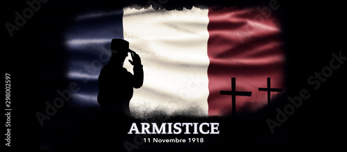 France National Holiday. French Flag background with soldier and national colors. Armistice.