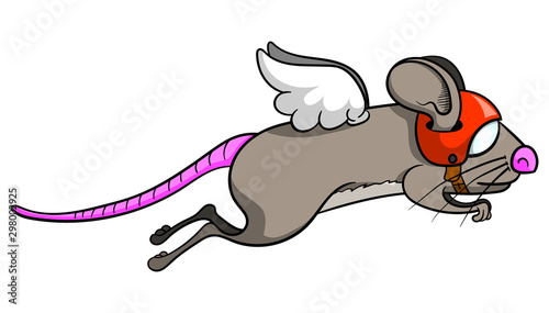 Cartoon illustration of a rat with wings flying. It has a helmet with a visor on its head.