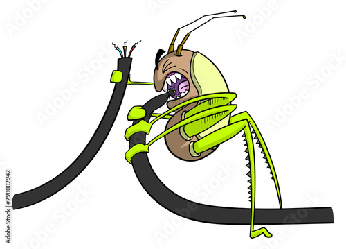 Cartoon style illustration of a bug biting an electrical wire. Technical error concept. A bug in the system concept.