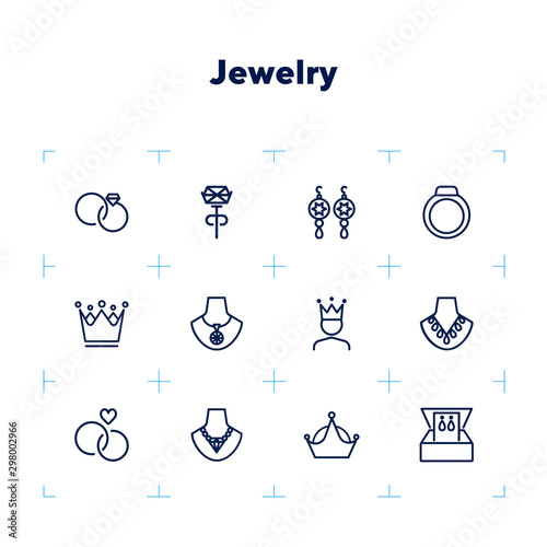 Jewelry line icon set. Earrings, necklace, engagement rings. Jewelry concept. Can be used for topics like fashion, accessory, store