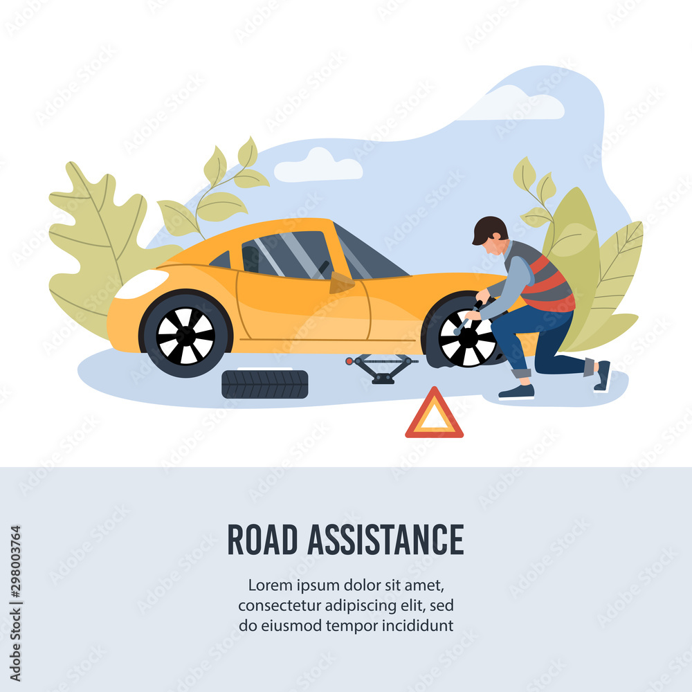 Naklejka premium Road assistance. Mechanic changing wheel on a roadside. Banner for insurance or roadside service. Flat vector illustration.
