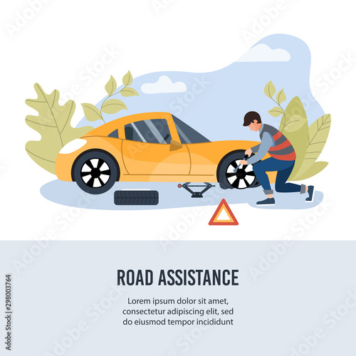 Road assistance. Mechanic changing wheel on a roadside. Banner for insurance or roadside service. Flat vector illustration.