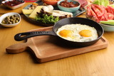 Fried egg on a pan served with Turkish breakfast