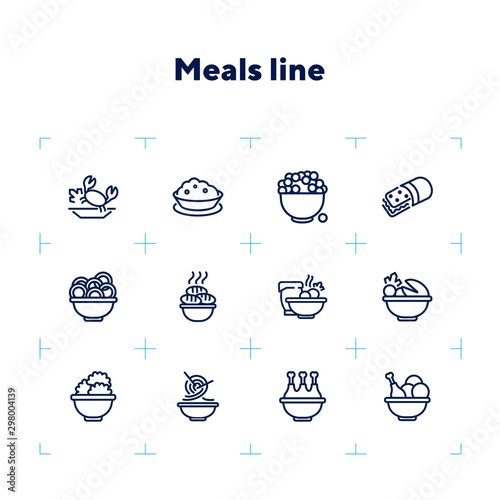 Meals line icon set. Bowl, chicken, Chinese noodle. Food concept. Can be used for topics like cooking, restaurant, dinner