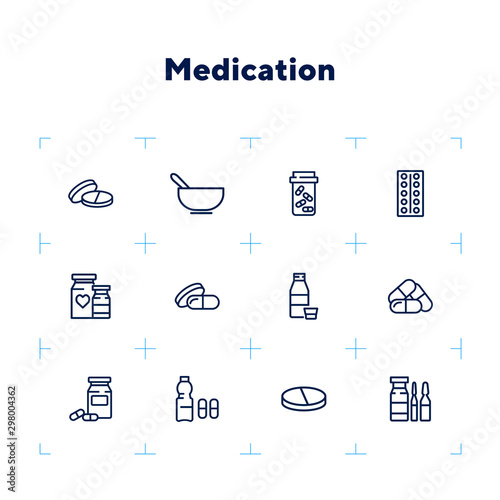 Medication icon set. Line icons collection on white background. Tablet, pill, painkiller. Supplement concept. Can be used for topics like healthcare, illness, pharmacy