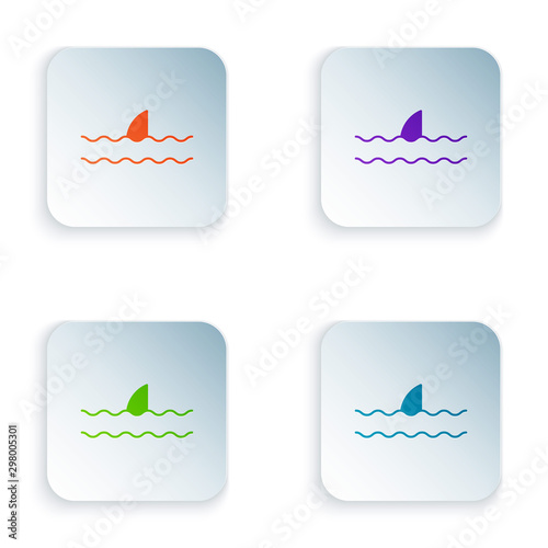 Color Shark fin in ocean wave icon isolated on white background. Set icons in colorful square buttons. Vector Illustration