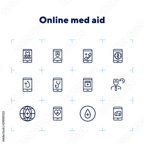 Online med aid icon set. Line icons collection on white background. Smartphone, doctor, gadget. Telemedicine concept. Can be used for topics like interface, healthcare service, medicine
