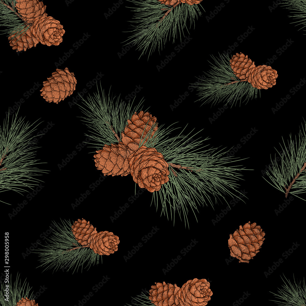 Cedar branch with cones seamless pattern. Illustration in engraving technique. Isolated on black background.