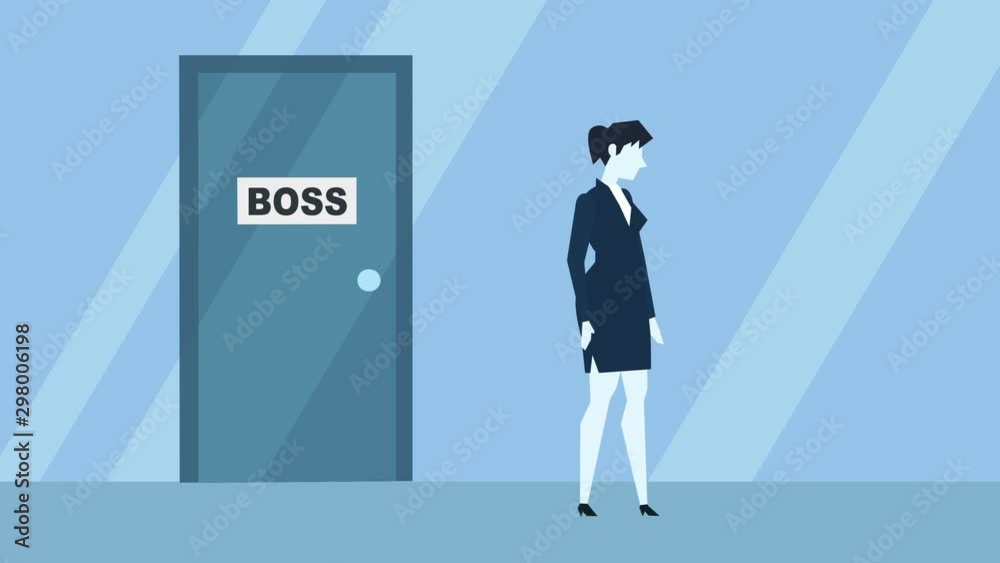 Blue Style Businesswoman Kicked Out of Work Boss Office Door Flat Cartoon Character Animation Blue Style Businesswoman Kicked Out of Work Boss Office Door Flat Cartoon Character Animation