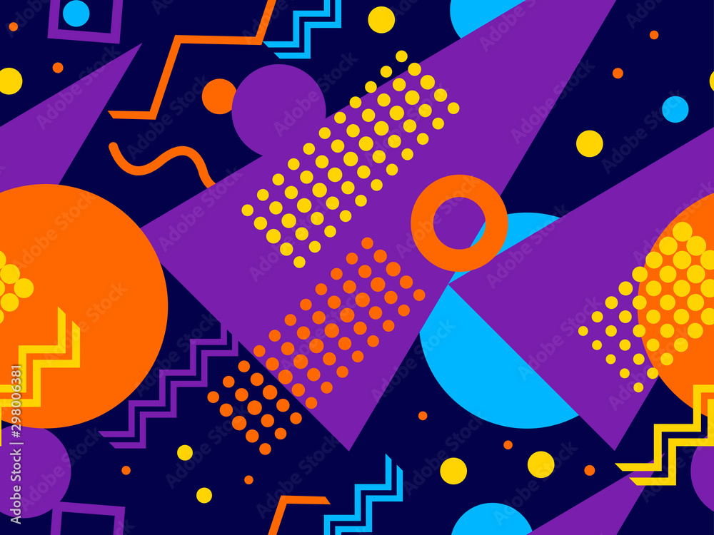 Memphis seamless pattern. Chaotic geometric shapes in the style of 80s. For promotional products, wrapping paper and printing. Vector illustration Memphis seamless pattern. Chaotic geometric shapes in the style of 80s. For promotional products, wrapping paper and printing. Vector illustration