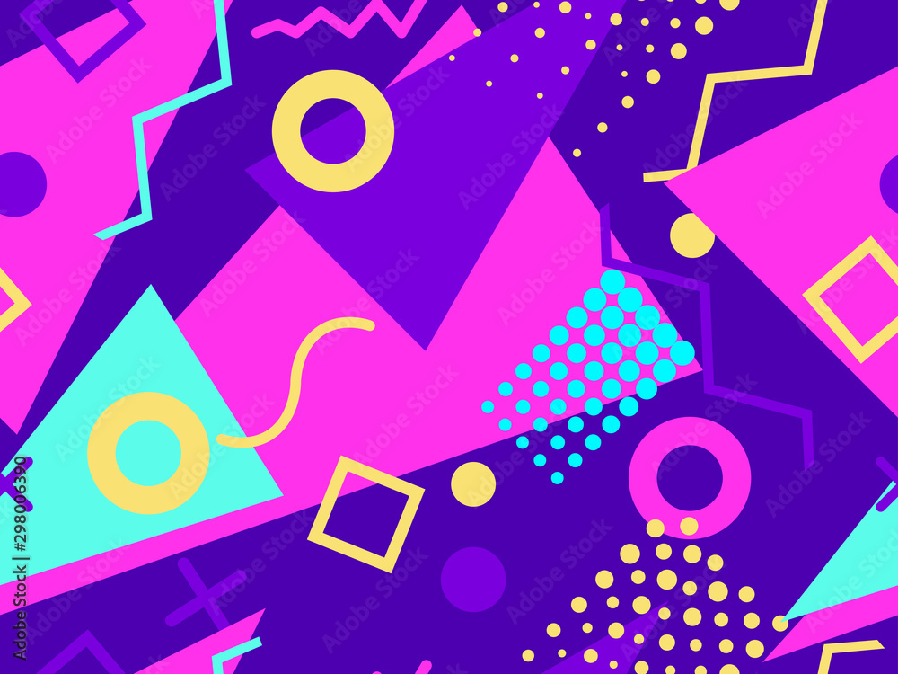 Fototapeta premium Memphis seamless pattern. Chaotic geometric shapes in the style of 80s. For promotional products, wrapping paper and printing. Vector illustration