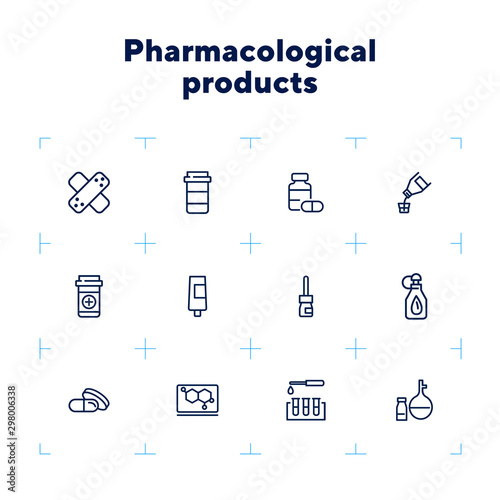 Pharmacological products icon set. Drugstore concept. Vector illustration can be used for topics like apothecary, pharmaceuticals, medicine