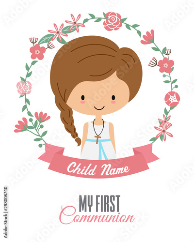 My first communion card. Girl inside a flower frame