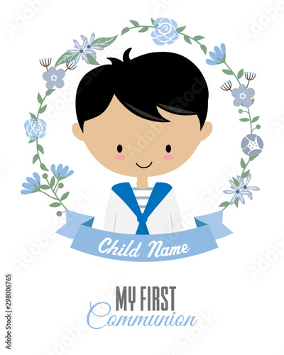 My first communion card. Child inside a flower frame