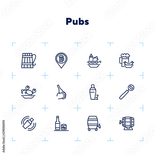 Pubs line icon set. Set of line icons on white background. Cocktail, beer mug, fresh crab. Food concept. Vector illustration can be used for topics like eating, drinking, resting