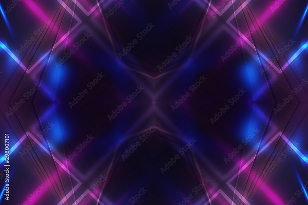 Dark abstract futuristic background. Neon lines glow. Neon lines, shapes. Multi-colored glow, blurry lights, bokeh. Empty stage background Dark abstract futuristic background. Neon lines glow. Neon lines, shapes. Multi-colored glow, blurry lights, bokeh. Empty stage background