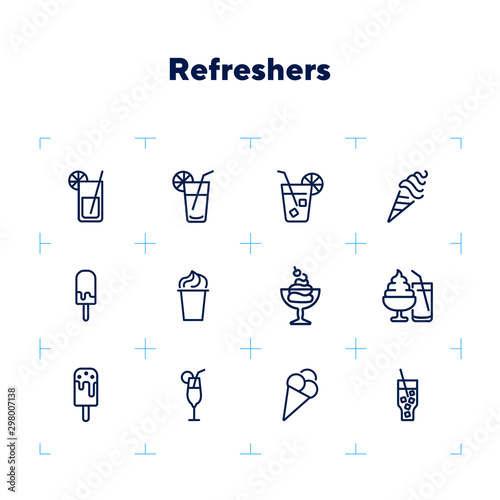 Refreshers line icon set. Cola, ice cream, lemonade. Drink concept. Can be used for topics like cafe, menu, food