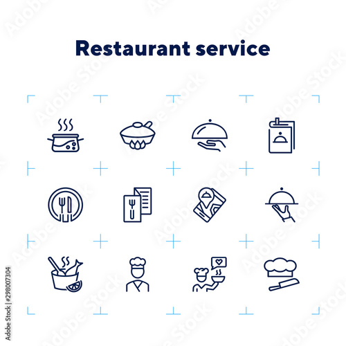 Restaurant service line icon set. Set of line icons on white background. Menu, stewpan, plate, chef. Food concept. Vector illustration can be used for topics like eating, drinking, resting