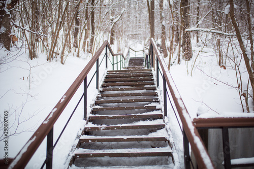 A long wooden staircase in a snow-covered forest. Wooden geometric railing, steps up, brown staircase in white snow. © Ольга Симонова