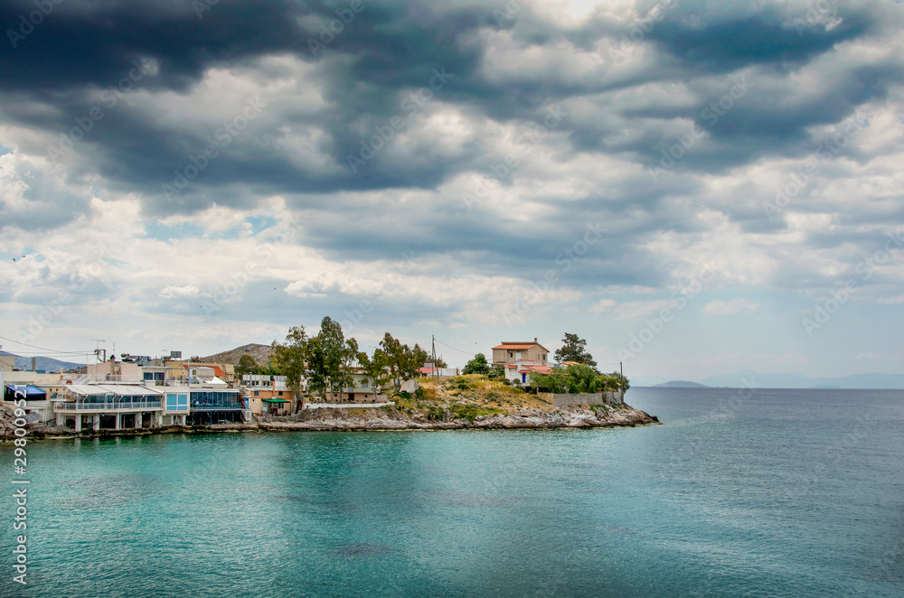 View of Pachi village under a winty dramatic sky.Greece