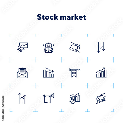 Stock market line icon set. Bear, bull, trader, IPO, charts. Finance concept. Can be used for topics like investment, assets, trading