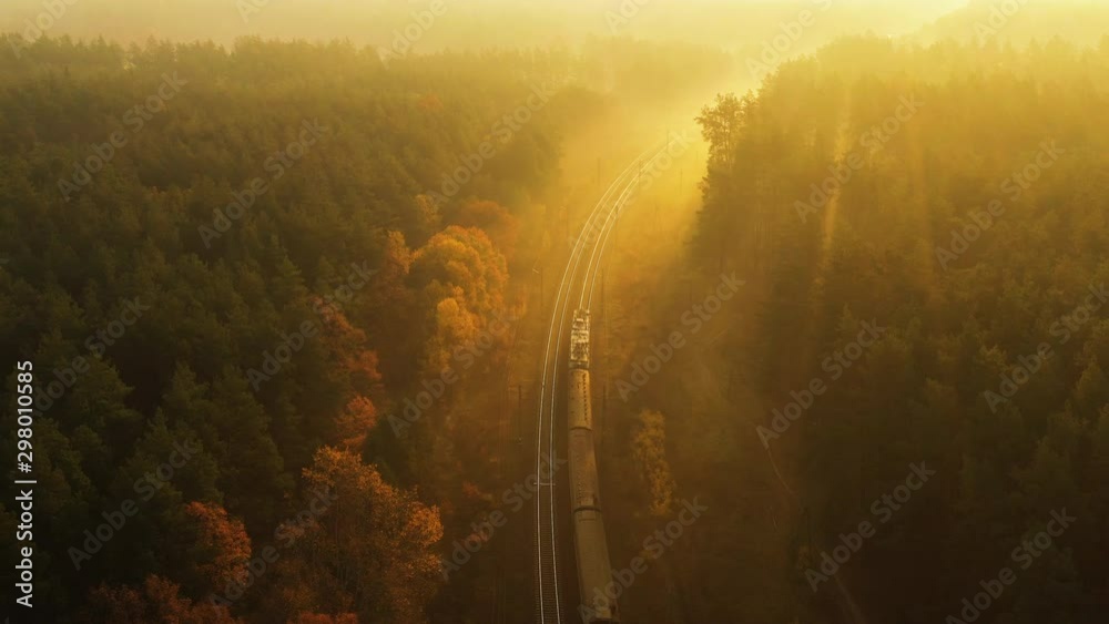 The train rides by rail, which runs through the autumn deciduous coniferous forest. The rays of the sun cut through the mist, creating a mystical atmosphere. The drone flies smoothly over the train. 4