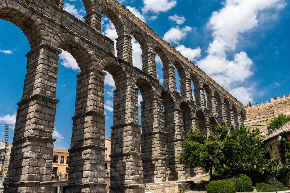 The Roman aqueduct in Segovia near Madrid in Spain