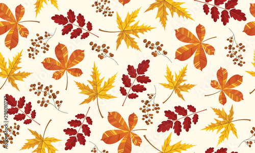 Beautiful pattern seamless of yellow red and orange leaves. Maple, ash and oak. Hand drawn style fresh rustic eco. Vector decorative cute elegant illustration isolated white background