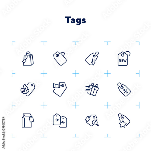 Tags line icon set. Label, new arrival, sale. Promotion concept. Can be used for topics like retail, price, shopping, discount
