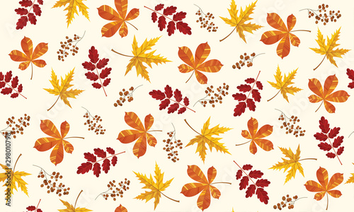 Beautiful pattern seamless of yellow red and orange leaves. Maple, ash and oak. Hand drawn style fresh rustic eco. Vector decorative cute elegant illustration isolated white background