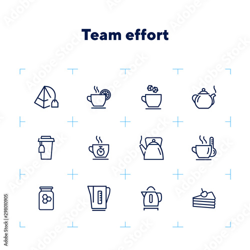 Tea time line icon set. Cup, sugar, pot, kettle, dessert. Tea concept. Can be used for topics like tea party, break, breakfast