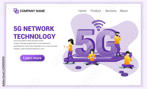 5G network technology concept. Internet systems telecommunication service. Characters using High speed wireless connection 5G. Flat vector illustration