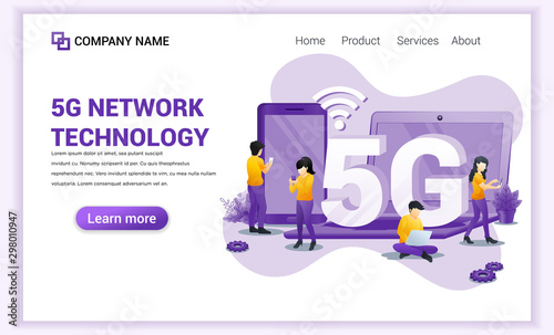 5G network technology concept. Internet systems telecommunication service. Characters using High speed wireless connection 5G. Flat vector illustration