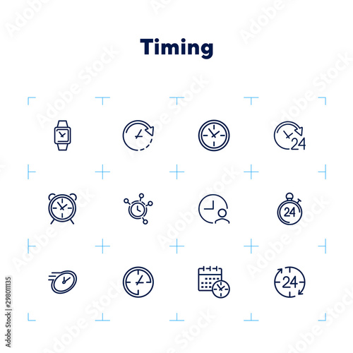 Timing line icon set. Clock, watch, calendar. Time concept. Can be used for topics like deadline, schedule, time management