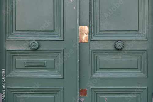 Door in house. Matte green painted wooden door with antique round doorknobs and shiny brass plates. Geometric shapes of double door panel frames. Architectural details of Paris door of old building