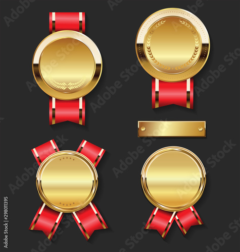 Golden Award medal with red ribbons set