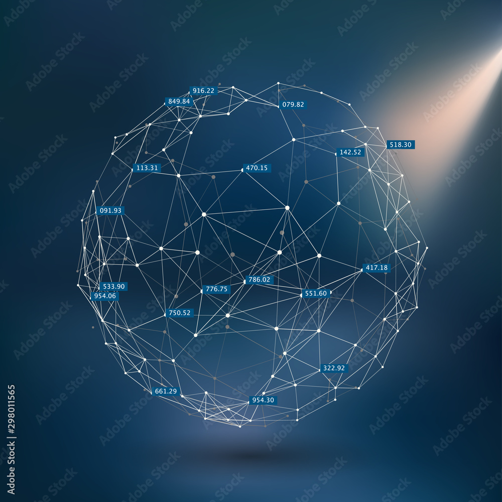 Social graph connections. Users relationship concept. Communication network abstract background. Sphere of connected nodes. Cluster net.
