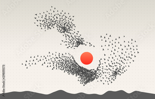 Group of self organized objects. Crowd of people behaviour. Flocking boids simulation. Artificial life model. Swarm formation.