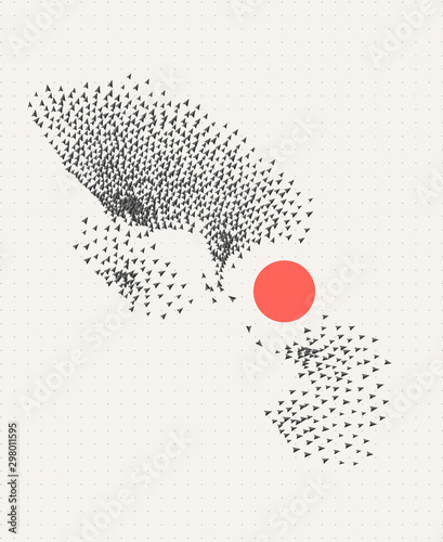 Crowd behaviour simulation. Emergent behaviour. Collective intelligence. Model of swarm movement. Self organized system. Collective natural system. People migration visualization.
