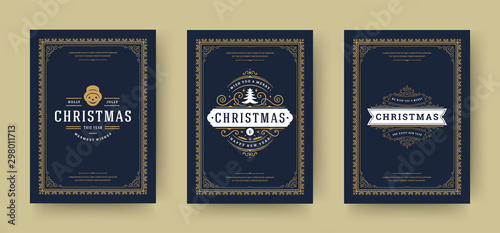 Christmas greeting cards design, ornate decoration symbols with tree, winter holidays wishes vintage typography