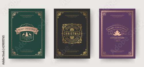 Christmas greeting cards vintage typographic design, ornate decorations symbols with holly berry, winter holidays wishes