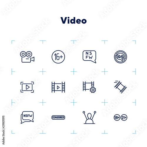 Video line icon set. Set of line icons on white background. Blogging concept. Camera, play, button, chat. Vector illustration can be used for topics like video, blogging, creating