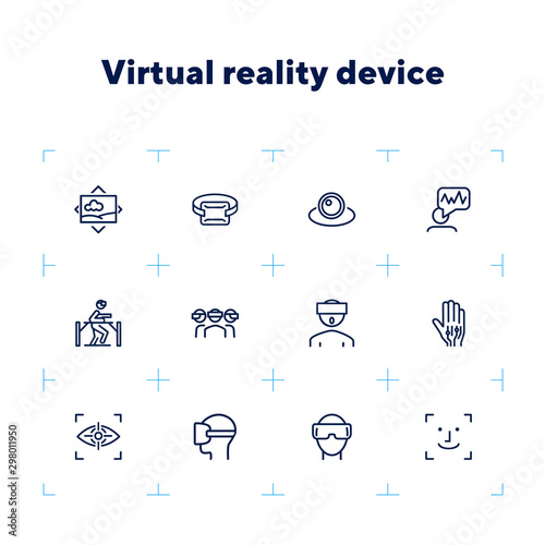 Virtual reality device line icon set. Virtual reality glasses, programming, vr game. Technology concept.Vector illustration can be used for topics like progress, technology, entertainment
